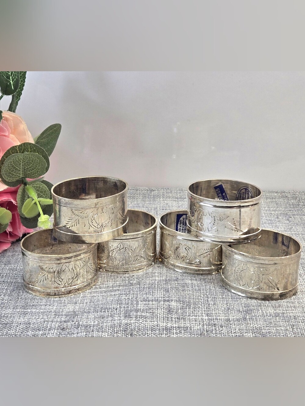 Vintage Commodore Silver Plate Over Brass Napkin Rings Etched Flower Set of 6